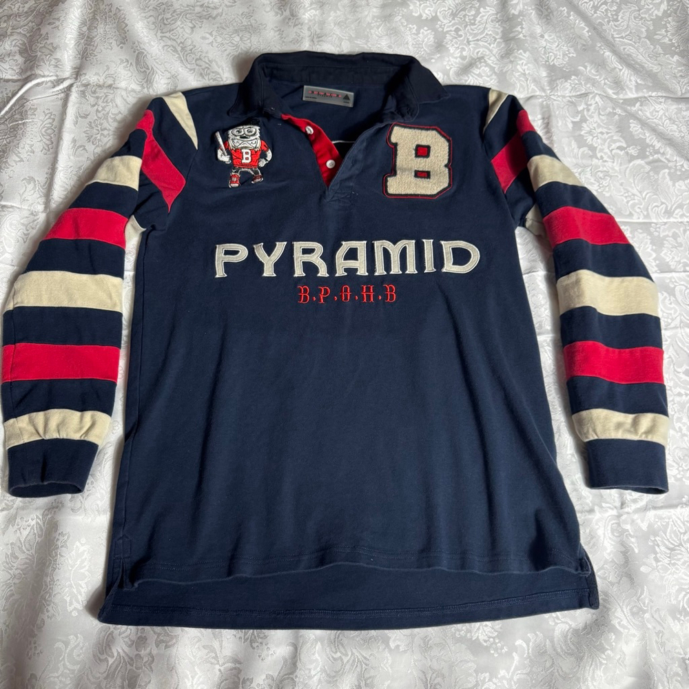 Men's Navy Blue Pyramid Long Sleeve Tee L Navy Red Striped